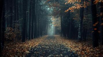 Forest path with trees and leaves on the ground. The leaves are orange and brown, and the path is dark photo