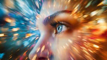 Woman's face is blurred in a colorful, abstract background. The eye is the only clear feature, and it is looking at the viewer. Scene is one of mystery and intrigue photo