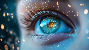 Person's eye is reflected in a blue sky with a few stars. The eye is surrounded by a glittery effect, giving it a dreamy and ethereal appearance photo
