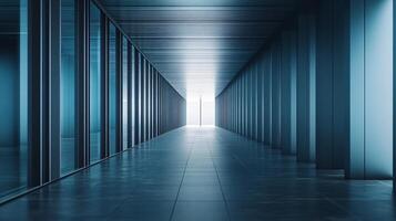 Long, empty hallway with a window in the middle. The hallway is made of glass and is very dark photo
