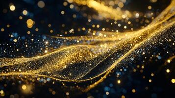 Stream of gold and blue sparkles in the air. The sparkles are scattered throughout the image, creating a sense of movement and energy. The colors of the sparkles contrast with the dark background photo