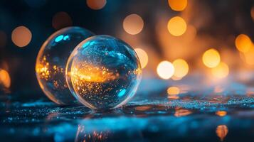 Two large, clear, blue spheres are floating on a surface. The spheres are surrounded by a blurry, glowing background. Concept of calm and serenity photo