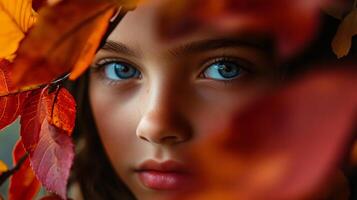 Young girl with blue eyes and a red nose is looking at the camera. The image is a close up of her face, with the leaves of a tree behind her. The leaves are orange and red, creating a warm photo