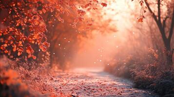 Forest scene with a path and a tree with red leaves. The leaves are falling and the path is covered in snow photo