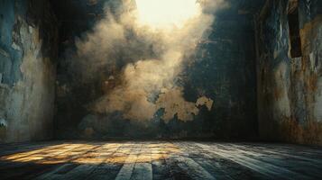 Room with a lot of smoke and a window. The room is empty and the smoke is coming from the window photo