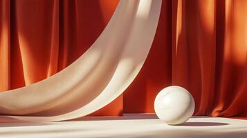 White egg is placed on a table in front of a red curtain. The egg is surrounded by a white and red curtain, which creates a sense of contrast and balance. The scene is simple and minimalistic photo