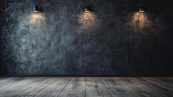 Large empty room with three lights hanging from the ceiling. The room is bare and empty, with no furniture or decorations. The lights are turned on, creating a warm and inviting atmosphere photo