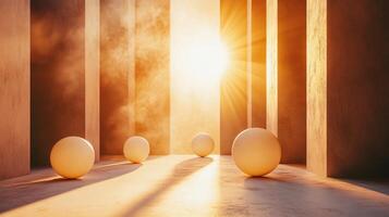 Series of white spheres are arranged in a row, with the sun shining through the space between them. The scene has a peaceful, serene mood, with the sun casting a warm glow on the spheres photo