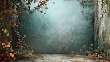 Large, empty room with a wall of trees and a wall of leaves. The room is empty and the trees and leaves are the only things in it photo