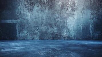 Blue wall with a large empty space in the middle. The wall is made of concrete and has a rough texture. The emptiness of the space gives the room a feeling of emptiness and loneliness photo