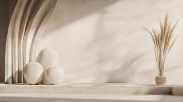 White wall with a white vase and three white balls on it. The balls are arranged in a row and the vase is placed in the middle. The scene has a minimalist and clean look photo