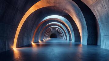 Long tunnel with a blue and orange light. The tunnel is made of concrete and has a circular shape photo