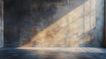 Large, empty room with a window that lets in sunlight. The room is bare and empty, with no furniture or decorations. The sunlight streaming in through the window creates a warm, inviting atmosphere photo