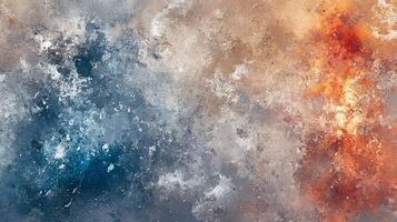 Painting of a space with a blue and orange swirl. The blue and orange colors are mixed together to create a sense of movement and energy. The painting is abstract and has a dreamy photo