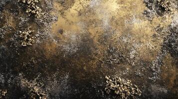 Gold and black background with a lot of texture. The background is a mix of gold and black, with some brown and white elements. The texture of the background is rough and grainy photo