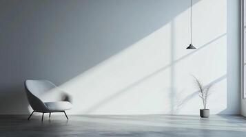 White chair is sitting in a room with a window. The room is empty and has a minimalist design photo