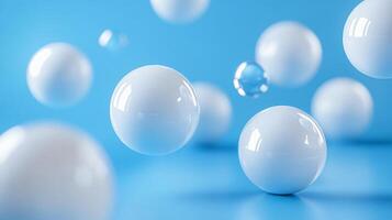 Blue background with white spheres floating in the air. The spheres are all different sizes and are scattered throughout the image. Scene is one of playfulness and whimsy photo