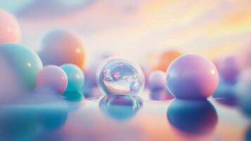 Bunch of colorful balls are floating in a body of water. The water is reflecting the balls, creating a beautiful and serene scene photo