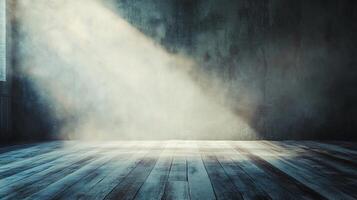 Room with a wooden floor and a wall with a light shining on it. The room is empty and has a moody atmosphere photo