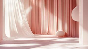 Room with pink curtains and a white pillow. The curtains are open, letting in sunlight. The room is empty, with no furniture or people. Scene is calm and peaceful, with the curtains photo