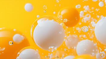 The image is a close up of a bunch of small, white and yellow spheres floating in a yellow background. The spheres are scattered all over the image, with some closer to the foreground photo