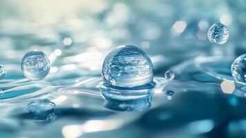 Body of water with many small, clear, round bubbles floating on the surface. The bubbles are scattered throughout the water, creating a sense of movement and liveliness photo