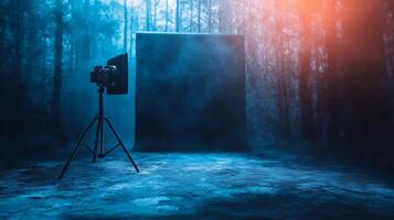 Camera is set up in front of a blank wall. The camera is on a tripod and the wall is covered in smoke. Scene is mysterious and eerie photo