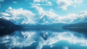 Beautiful mountain range with a lake in the foreground. The sky is blue and cloudy. The mountains are covered in snow and the lake is calm. The scene is peaceful and serene photo