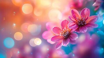 Close up of two pink flowers with a blurry background. The flowers are surrounded by a colorful background with a lot of light and sparkles. Scene is bright and cheerful photo