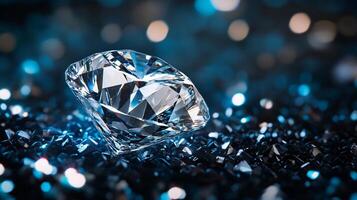 Diamond is on a blue surface with a lot of sparkles. The diamond is the main focus of the image and it looks very shiny and beautiful photo
