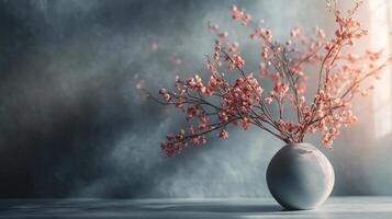 Vase with a single pink flower in it sits on a table. The vase is white and the flower is red. The image has a calm and peaceful mood, as the flower is the only object in the scene photo