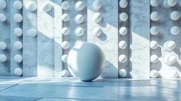 White ball is placed in front of a wall of white balls. The wall is made of small white spheres, and the ball is the only one that is not white. The scene is simple and minimalistic photo
