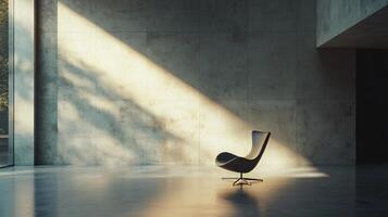 Chair is sitting in a room with a wall and a window. The chair is facing the window and is in the sunlight. The room is empty and has a modern feel to it photo