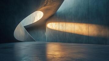 Spiral staircase is lit by the sun, creating a warm and inviting atmosphere. The shadows cast by the light add depth and dimension to the space, making it feel more spacious and open photo