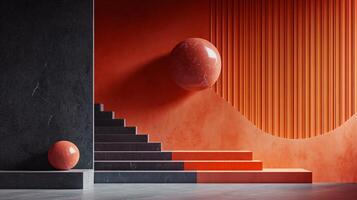Red and black room with a red ball and a staircase. The ball is placed on a platform and the staircase is in the background. The room has a modern and minimalist design photo