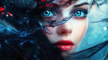 Woman with blue eyes and red lips is shown in a blurry image. The woman's face is obscured by a curtain, giving the impression of a mysterious and alluring beauty photo