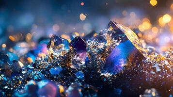 Pile of colorful rocks and crystals. The colors are bright and the rocks are jagged. Scene is one of chaos and disorder photo