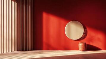 Red room with a white mirror and a red vase. The room is empty and the vase is placed on a table. The room has a minimalist design and the red walls create a warm and inviting atmosphere photo