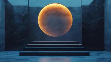 Large orange sphere is in the center of a room with a blue background. The sphere is surrounded by a series of steps, creating a sense of depth and movement photo