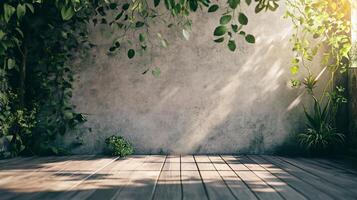 Large empty room with a wall of greenery and a wooden floor. The room is filled with sunlight, creating a warm and inviting atmosphere photo