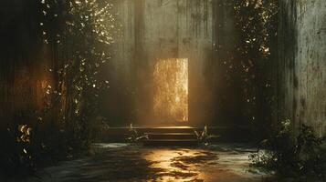 Dark room with a door that is open to the light. The room is filled with plants and has a mysterious atmosphere photo