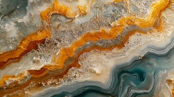 Large piece of rock with a gold and white pattern. The rock is textured and has a unique, almost abstract appearance. The colors and patterns of the rock create a sense of depth and movement photo