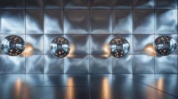 Room with four lighted spheres on the wall. The room is empty and the spheres are the only objects in the room photo