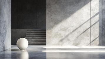 White ball is sitting on a concrete floor in a large, empty room. The room is bare and stark, with no furniture or decorations. The ball is the only object in the room photo