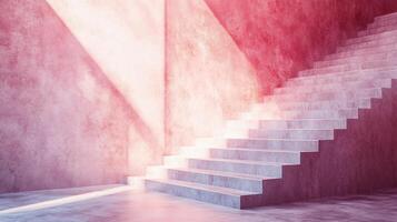 Staircase is shown in a room with a pink wall. The staircase is made of concrete and is very tall. The room is very dark and the staircase is the only source of light photo