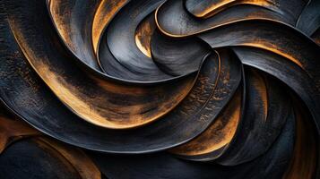 Black and gold swirl with a dark blue background. The swirl is made up of many small lines and curves. The image has a sense of movement and energy, as if it is in motion photo