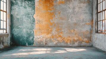 The room is empty and has a wall with a green and orange section. The wall is covered in graffiti and has a rough texture. The room is bare and has no furniture or decorations. The windows are open photo