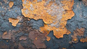 The image is of a wall with peeling paint and rust. The wall has a lot of cracks and holes, and the paint is chipping off. Scene is one of decay and neglect photo