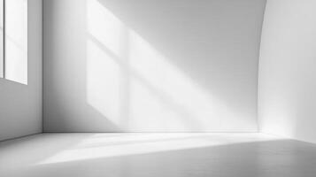 Large, empty room with a window that lets in sunlight. The room is white and has a minimalist feel to it photo