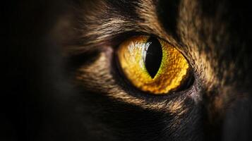 Close up of a cat's eye with a yellow iris. The eye is surrounded by a dark area, which creates a dramatic effect. Concept of mystery and intrigue, as the viewer is drawn to the eye photo